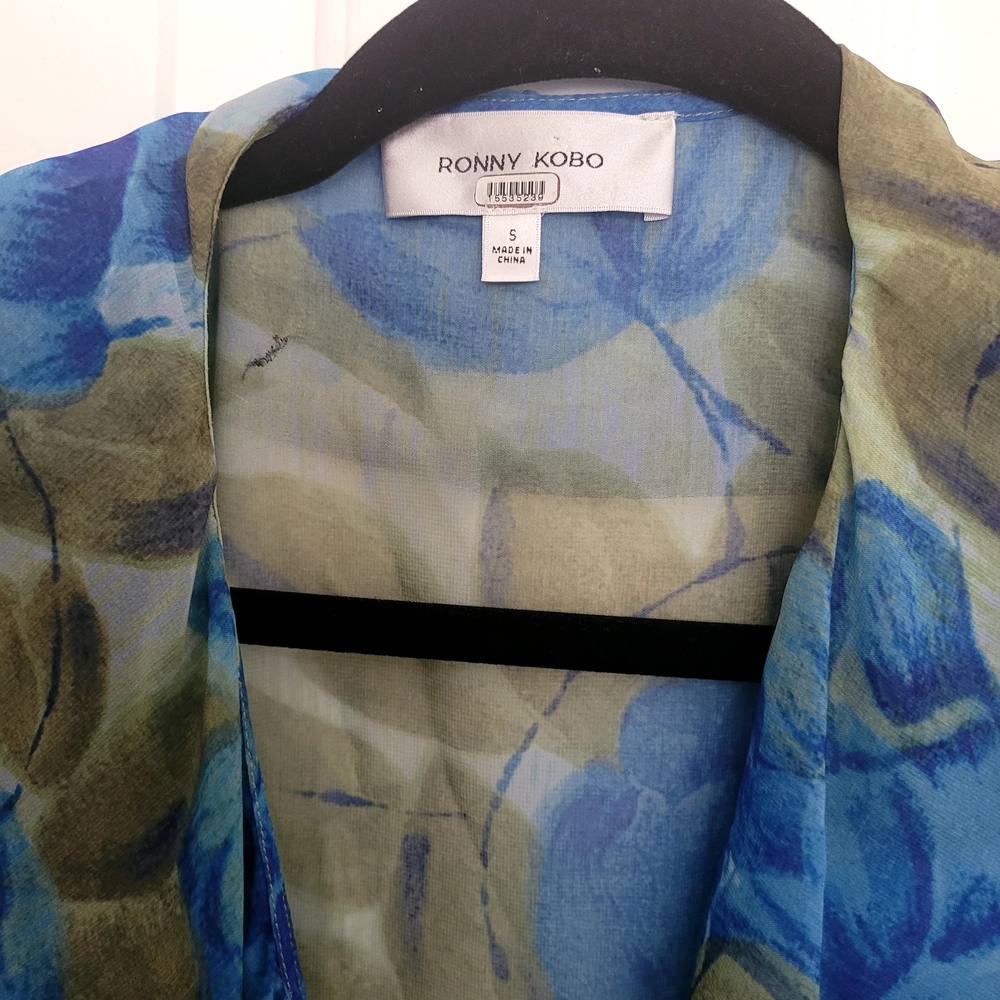 RONNY KOBO, Blue & Olive Floral Ruffle Wrap Blouse - Picture 5 of 11